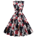 Vintage sleeveless floral Hepburn dress with A-line skirt and navy blue pattern - White