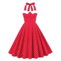 Abito vintage rosso a pois con scollo all'americana e ampia gonna svasata stile swing - Rosso