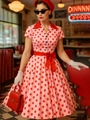 Abito vintage rosa a pois rossi con colletto a rever, bottoni e cintura con fiocco - S / Rosa