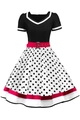 Dettaglio dell'abito vintage stile Hepburn a pois con cintura rossa in vita - S / Bianco a pois neri