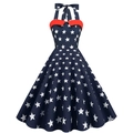 Robe licou rétro à motif étoiles du drapeau américain et décolleté rouge ondulé - S / Bleu