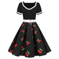 Retro V-neck black cherry print dress with a white waist belt and vintage pleated skirt - S / Black