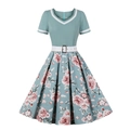 Vintage 50s floral puff dress with V-neckline and pink rose patterns on a flared skirt - 3XL / Green
