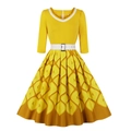 Robe trapèze rétro jaune avec imprimé ananas, col en V blanc et ceinture à la taille - S / Jaune