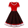 Vintage V-neck polka dot dress with A-line skirt and red waist belt on white background - S / Black Red Polka Dot