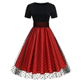 Vintage Audrey Hepburn style round neck short sleeve polka dot mesh patchwork dress - Red