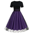 Vintage Audrey Hepburn style polka dot mesh patchwork dress with A-line skirt - Purple