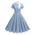 Abito retrò azzurro linea A a pois bianchi con grande fiocco e colletto bianco - S / Azzurro