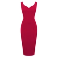 Elegant sleeveless red V-neck bodycon midi dress with waist seam and ruched details - S / Red
