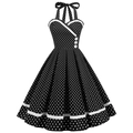 Vintage 50s black and white polka dot halter dress with a sweetheart neckline and A-line hem - Black Polka Dot