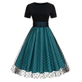 Retro round neck short sleeve polka dot patchwork dress with mesh layer in black and teal - Blue