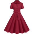 Abito a camicia vintage bordeaux con colletto a rever, bottoni e cintura in vita a fiocco - S / Rosso