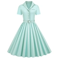 Detail van de mintgroene vintage jurk met reverskraag, knopen en bijpassende riem - S / Lichtgroen