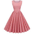 Retro sleeveless red gingham A-line dress with a slim fit waist and a round neckline - S / Red Grid