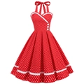 Vintage 50s red polka dot halter dress with button detail and a white flared hemline - Red Polka Dot