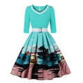 Robe rétro col en V vert menthe avec imprimé paysage urbain et ceinture blanche - S / Vert