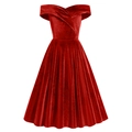 Elegantes burgunderrotes schulterfreies Samtkleid mit Vintage-Taille und ausgestelltem Saum - S / Rot