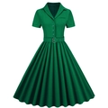 Detailweergave van donkergroene vintage midi-jurk met reverskraag en ceintuur in de taille - S / Donkergroen
