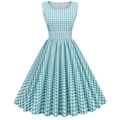 Vintage sleeveless blue and white gingham A-line dress with a fitted waist and full skirt - S / Light Blue Plaid