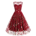Detailed view of intricate floral embroidery on a vintage burgundy mesh A-line dress - S / Red