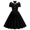 Abito vintage a trapezio stile Hepburn nero con colletto a revers bianco e bottoni - S / Nero