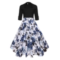 Robe vintage des années 50 avec patchwork floral manches mi-longues et jupe évasée - S / Noir & Imprimé Floral Bleu Blanc