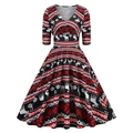 Vintage Christmas A-line midi dress with reindeer and snowflake print for women - S / Black