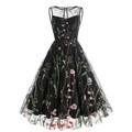 Close-up of intricate floral embroidery on black mesh fabric of sleeveless dress - S / Black