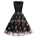 Vestido vintage sin mangas con cuello en V, bordado floral y capa de malla negra fina - M / Negro