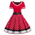 Vintage red polka dot V-neck dress with black belt and pleated hemline detail - 3XL / Red with White Polka Dots