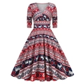 Detail of vintage Christmas A-line dress featuring reindeer and snowflake patterns - M / Burgundy