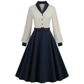 Dettaglio del colletto a V con bottoni blu scuro sul vestito vintage bicolore - XL / Beige Patchwork Blu Notte