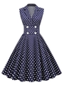 Abito a trapezio retrò senza maniche blu scuro a pois con revers e bottoni a doppio petto - S / Blu navy