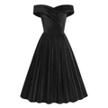Elegantes schwarzes Samt-Abendkleid mit schulterfreiem Ausschnitt und plissiertem Swing-Rock - S / Schwarz