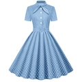 Robe vintage bleue à pois des années 50 avec col à nœud et taille évasée à ceinture - 2XL / Bleu clair