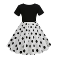 Girl's vintage short sleeve dress with black bodice and white polka dot skirt and waist belt - XS / White