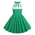 Detail of vintage 1950s style green polka dot dress with halter neck and back bow tie - L(140CM) / Green