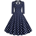Vintage navy blue polka dot A-line dress with halter neckline and midi sleeves - S / Navy Blue