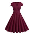 Elegant burgundy V-neck A-line dress with short sleeves and retro keyhole neckline design - Burgundy