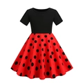 Short sleeve girls dress featuring a black bodice and red polka dot pleated skirt - L / Red