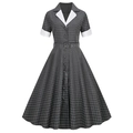 Retro V-neck plaid short sleeve dress with contrast lapel and A-line flared skirt - S / Gray