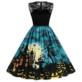 Vintage Halloween A-line φόρεμα με μαύρο δαντελωτό μπούστο και τύπωμα κάστρο κολοκύθας - S / Σκούρο μπλε