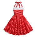 Detailansicht des roten Vintage Mädchenkleides mit weißen Punkten und Neckholder-Schleife - XS(110CM) / Rot