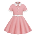 Detail view of pink girl dress with white Peter Pan collar and matching waist belt - XS(110CM) / Pink
