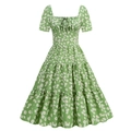 French vintage light green floral square neck dress with tiered ruffle hem details - L / Green