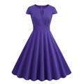 Elegant violet short sleeve V-neck maxi dress with A-line skirt and high waist design - Purple
