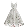White spaghetti strap dress with vintage green floral embroidery and mesh overlay detail - 2XL / White