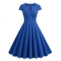 Elegant royal blue V-neck short sleeve A-line maxi dress with waist belt and wide skirt - Blue