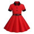 Detail of red girl's dress with black Peter Pan collar and matching buckled waist belt - XS(110CM) / Red