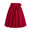 Detail of burgundy high-waisted A-line skirt featuring a bow belt and vertical pleats - S / Red